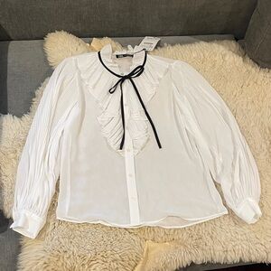 NWT Zara with blouse with black skinny bow, button down with pleated detailing
